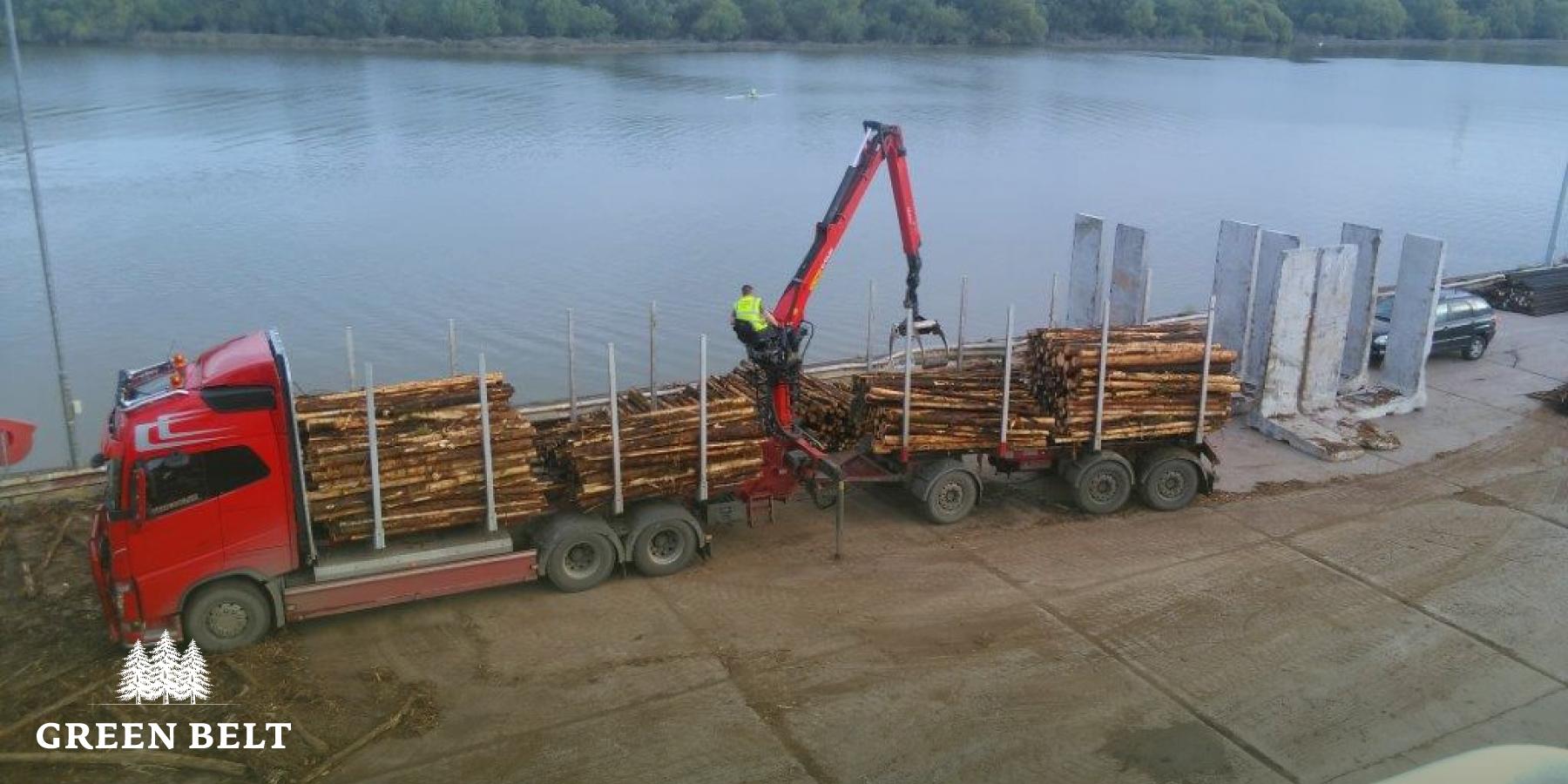 Offloading timber at the port.